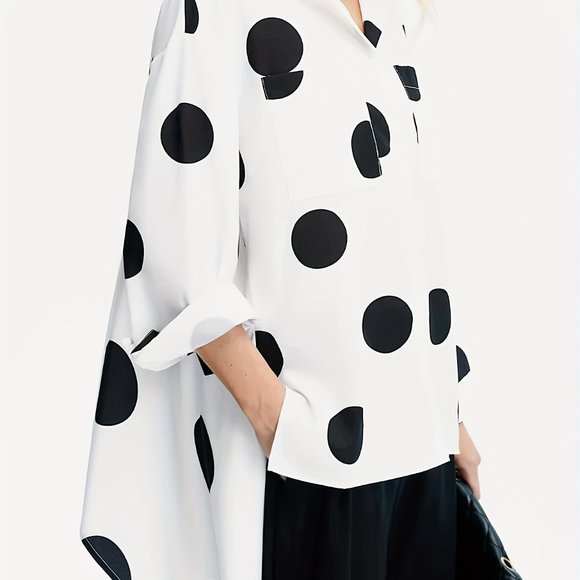 Polka Dot Print Dipped Hem Casual Button Front Long Sleeve Blouse - Picture 2 of 7